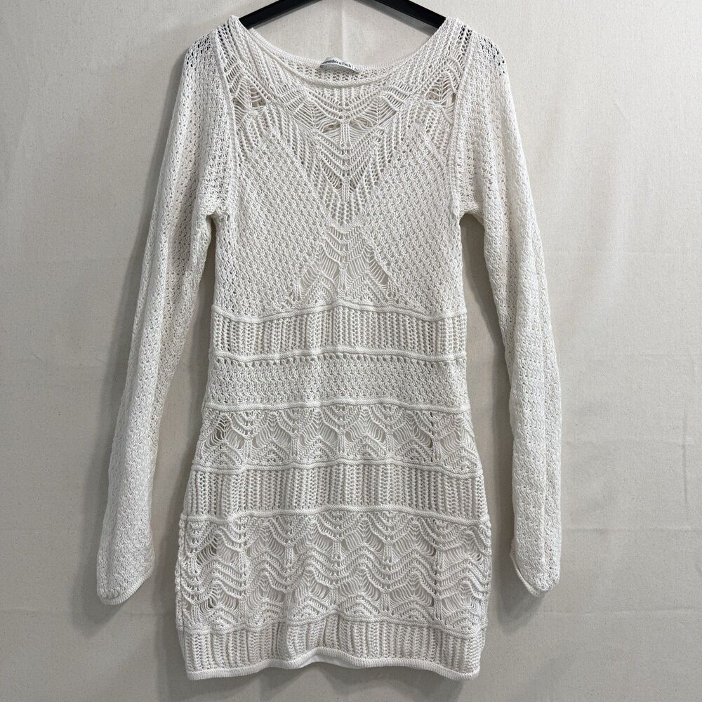 Abercrombie white long sleeve crochet style mini Knit dress Size Large